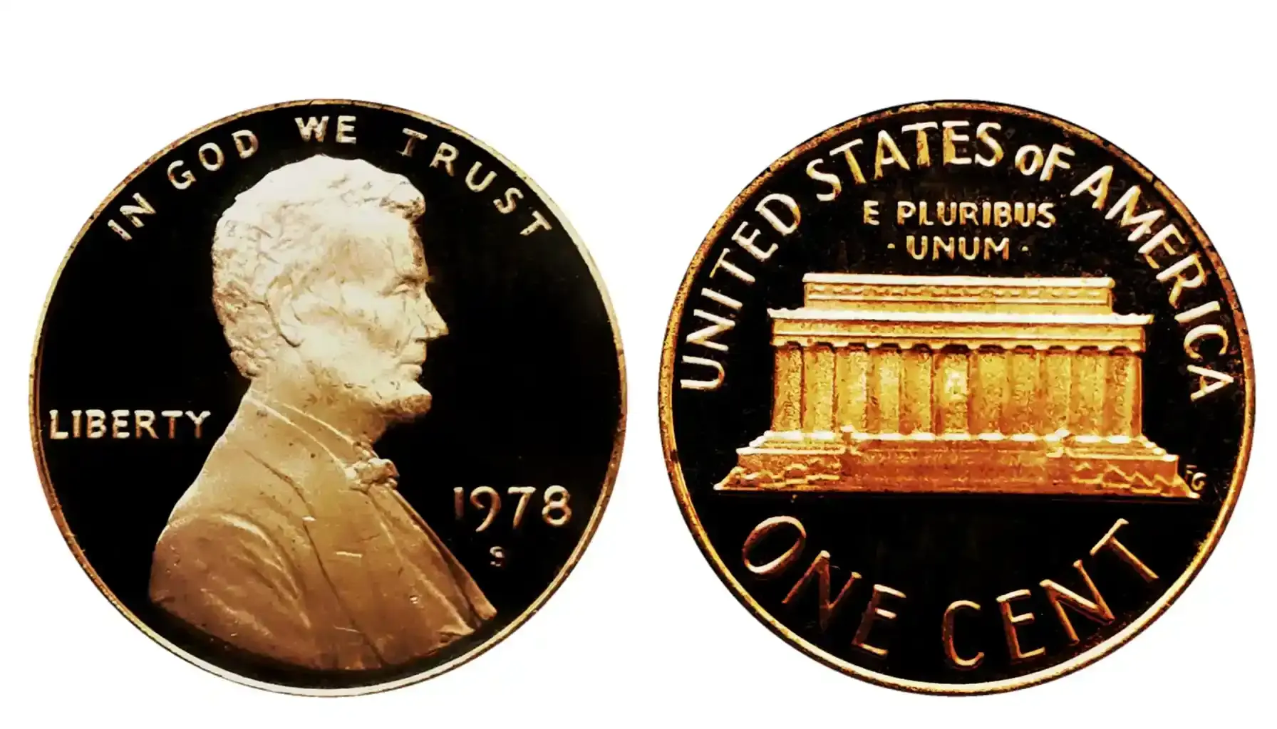 A picture of a casual Lincoln Memorial Cent, showing the familiar profile of Abraham Lincoln on the obverse and the Lincoln Memorial on the reverse