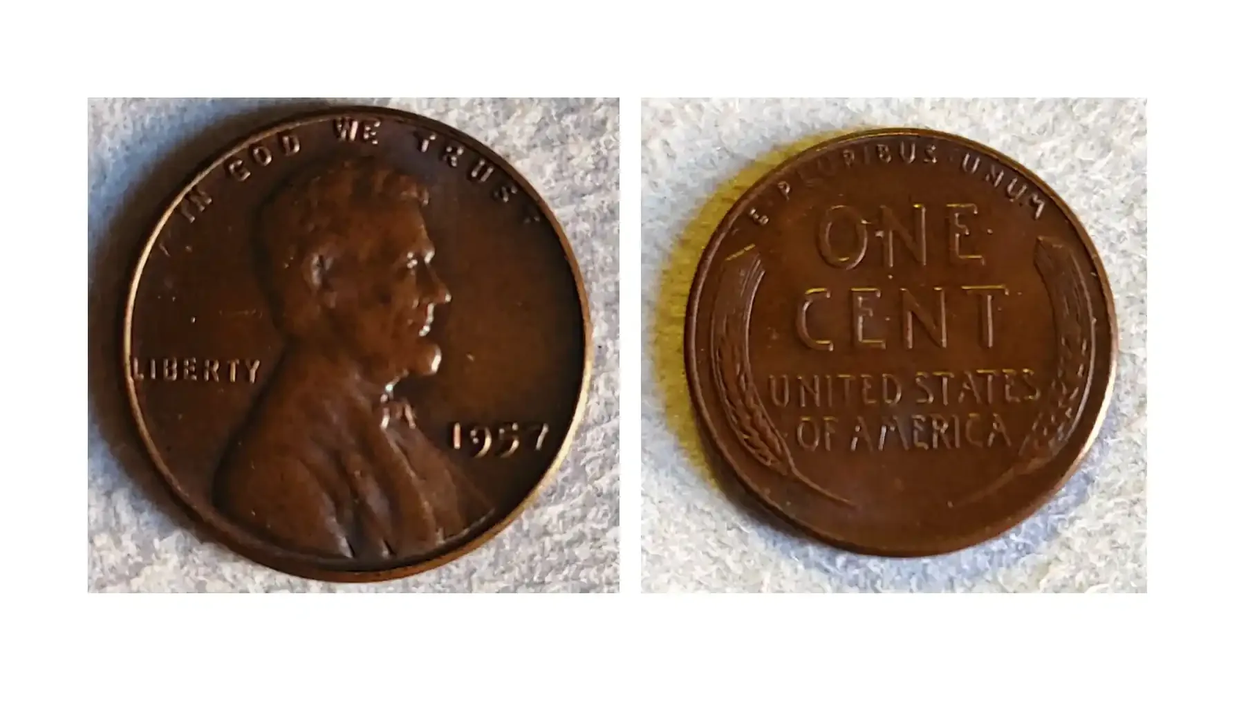 obverse and reverse of a 1957 no mint mark penny with an error