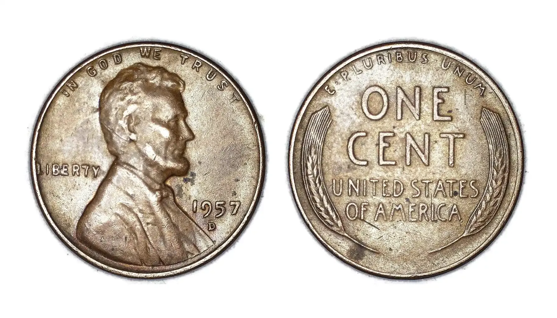 a picture of a 1957 d wheat penny with a BIE error