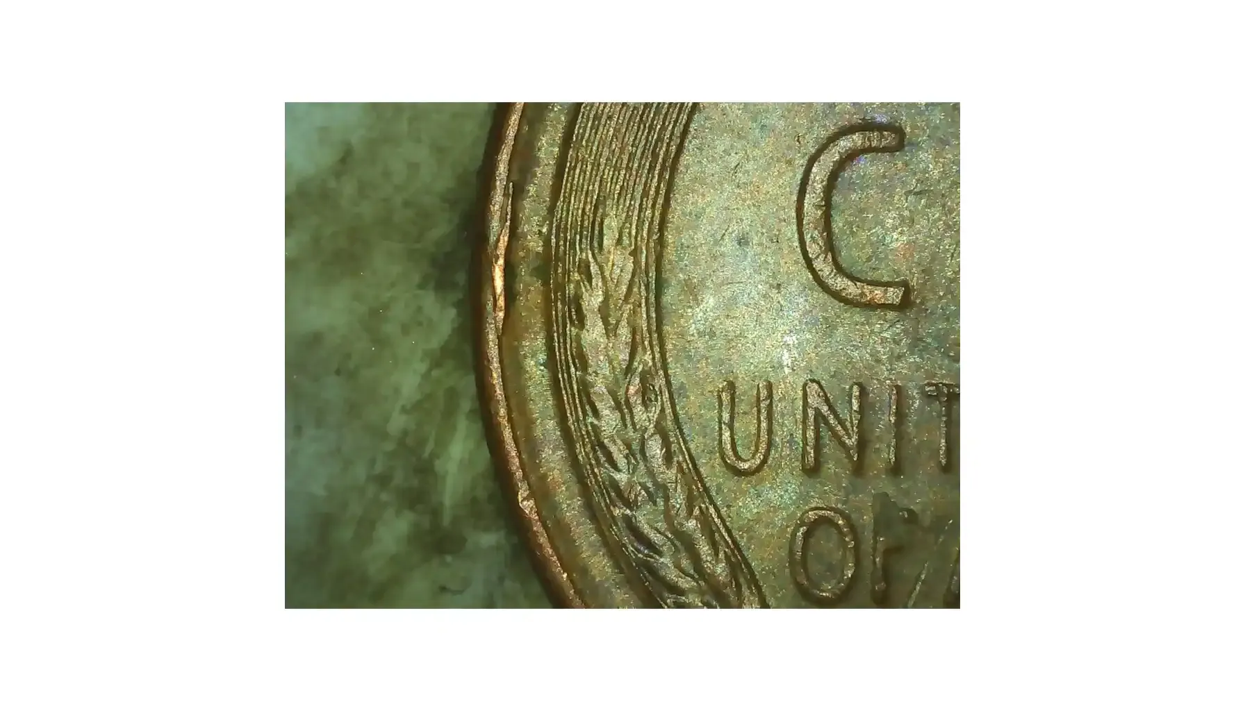 a close-up picture of a wheat penny CUD error