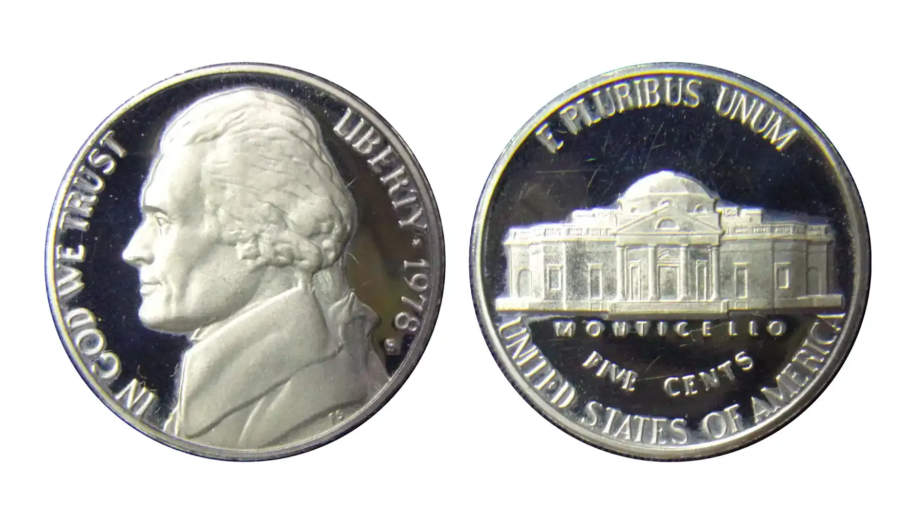 obverse and reverse of a standard Jefferson nickel 1938-2003