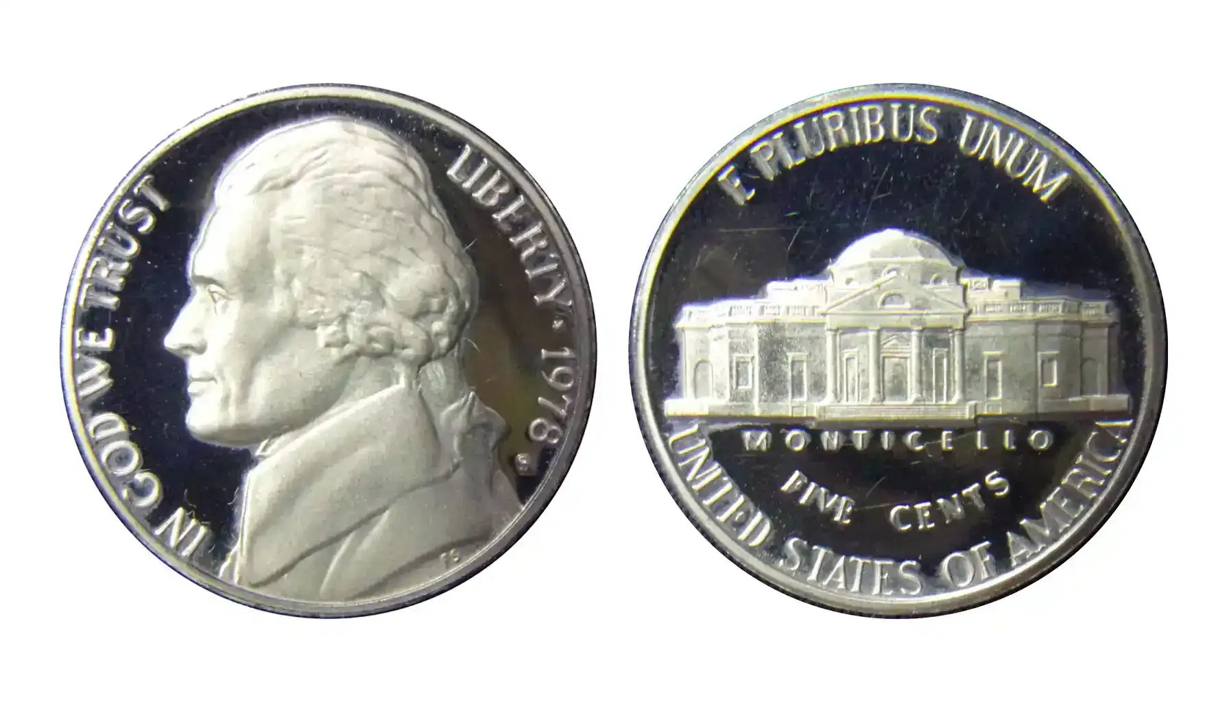 obverse and reverse of a standard 1978 Jefferson nickel