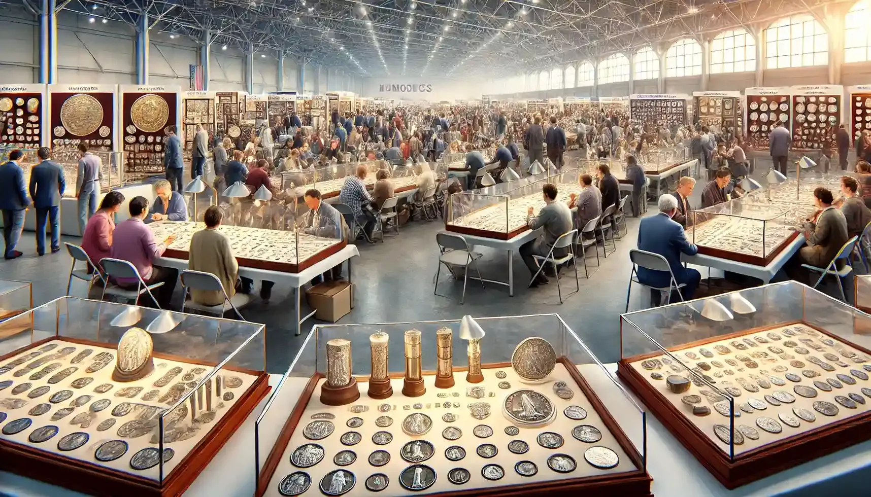 a picture from a coin show where many coins are exhibited