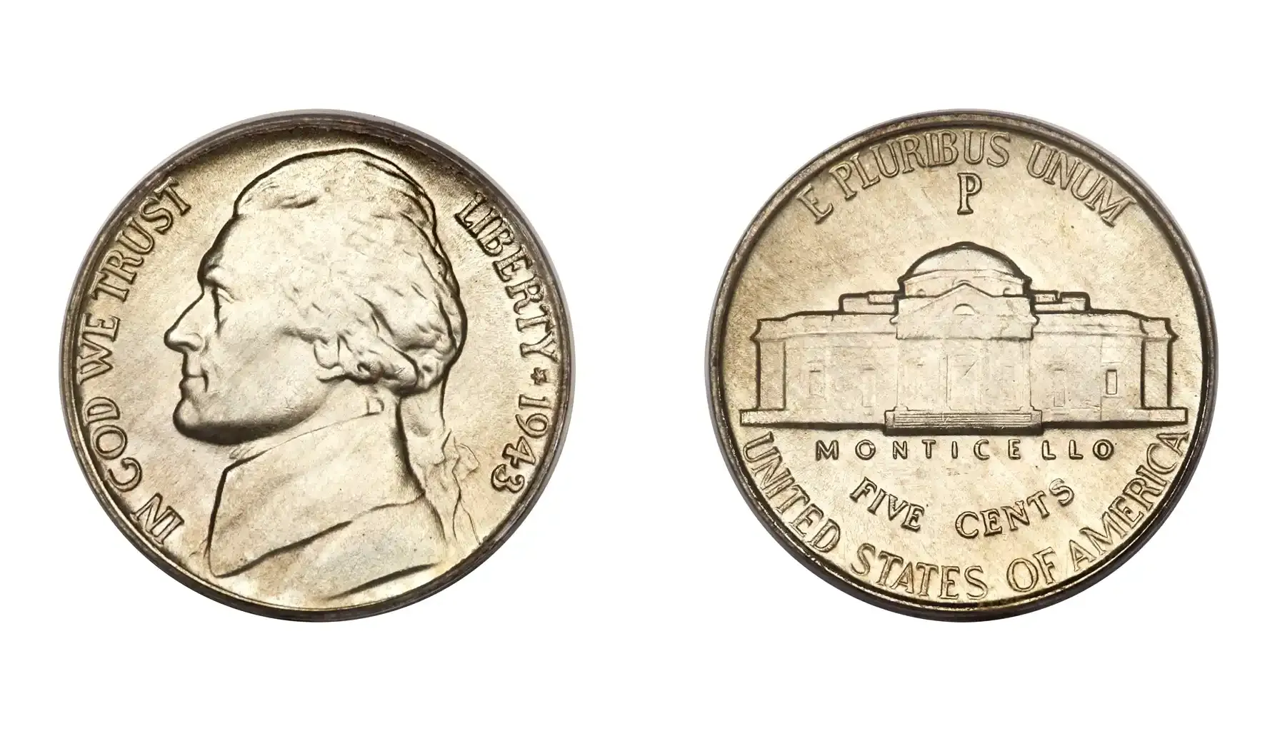 obverse and reverse of a 1943 nickel called a wartime nickel