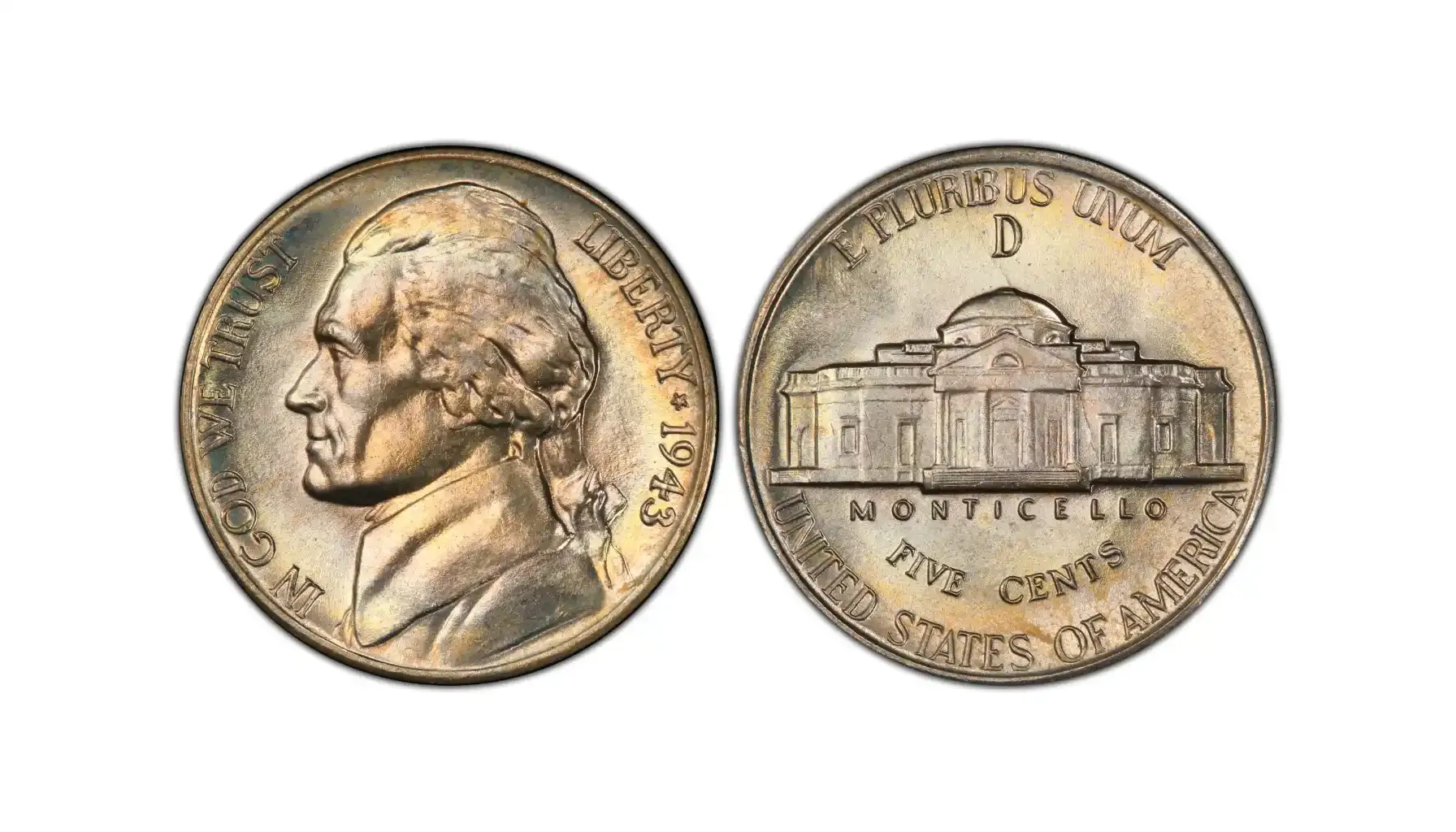 obverse and reverse of a 1943 D nickel MS68