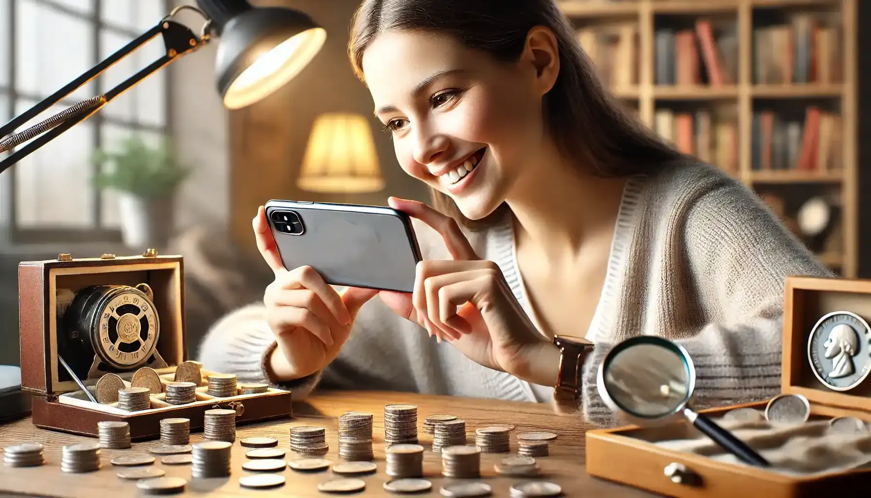 a smiling woman taking pictures of a 1943 Jefferson nickel on her phone