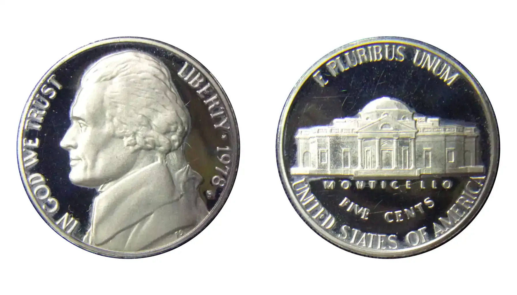 obverse and reverse of a standard Fefferson nickel example, years 1938-2003