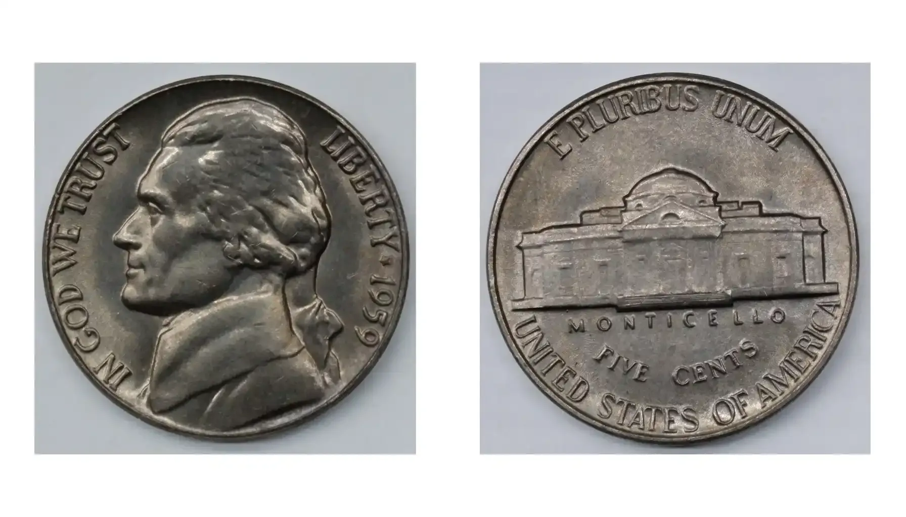 obverse and reverse of a 1959 nickel error called black beauty