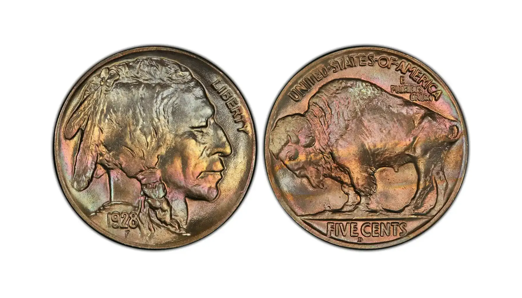 obverse and reverse of a 1928 D Buffalo Nickel