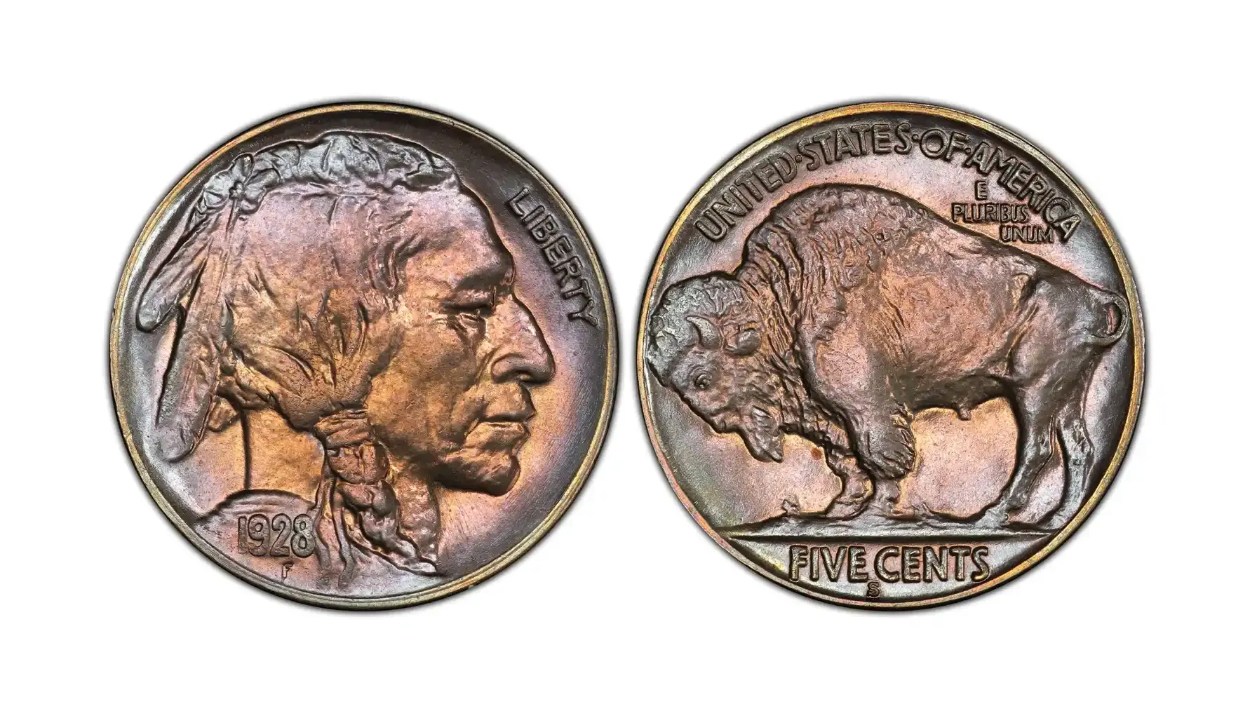 obverse and reverse of a 1928 S Buffalo Nickel coin