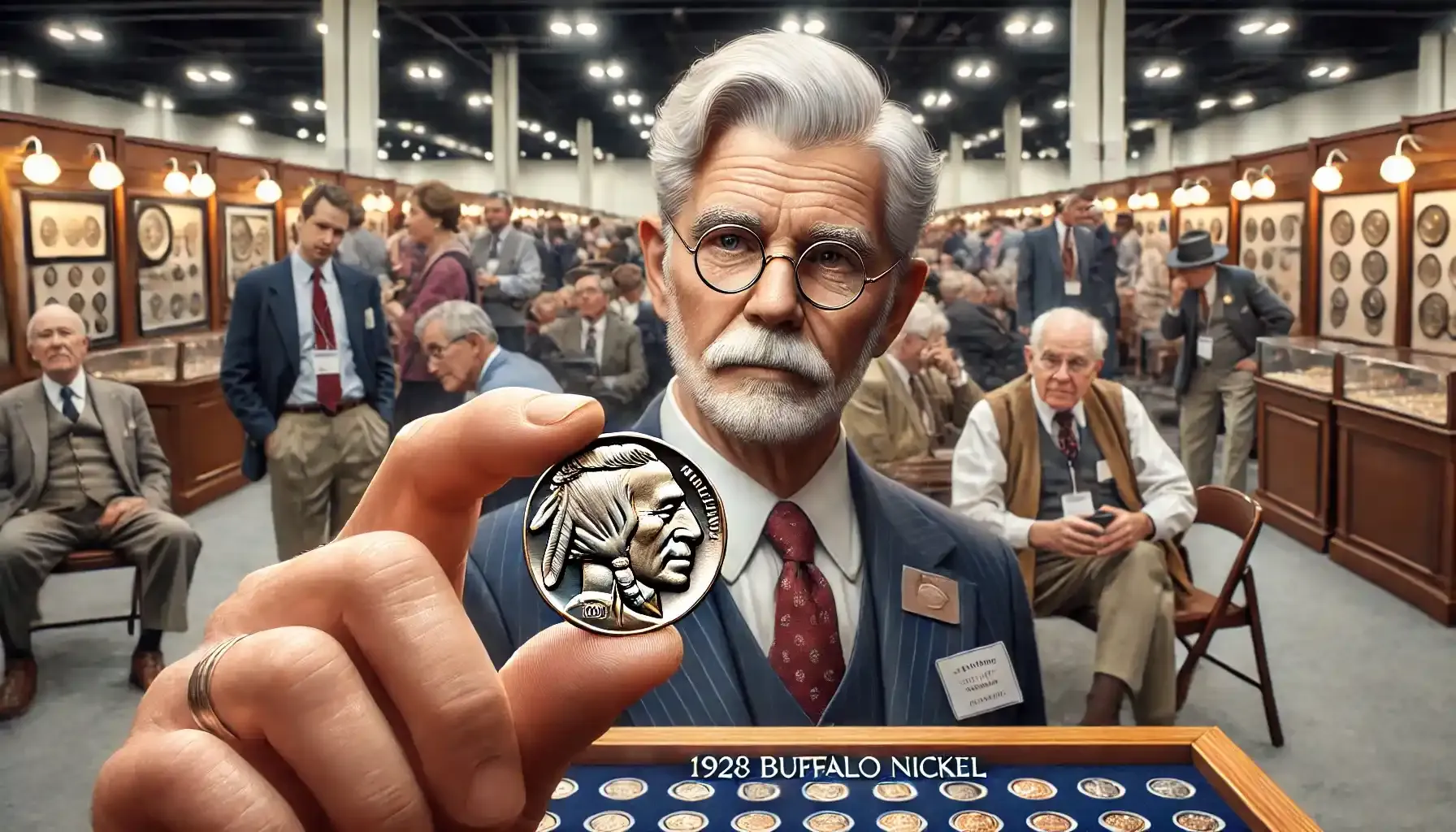 an elderly man presenting a 1928 Buffalo Nickel at a coin show