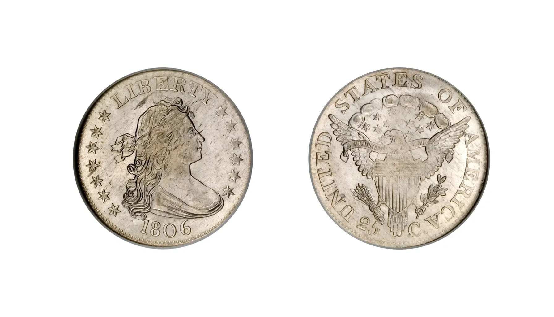 obverse and reverse of a 1806 Draped Bust quarter