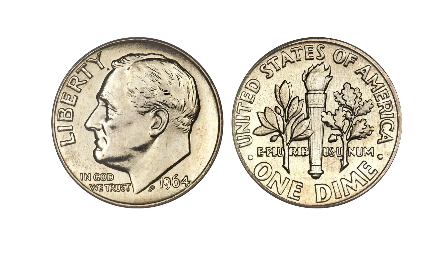 obverse an reverse of a standard coin from the Roosevelt dime collection 1946 to 1964