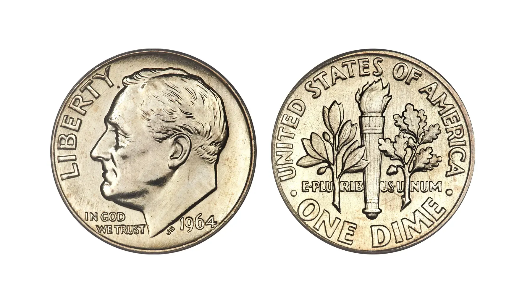 A picture of a Roosevelt silver dime, featuring Franklin D. Roosevelt’s profile on the obverse side.