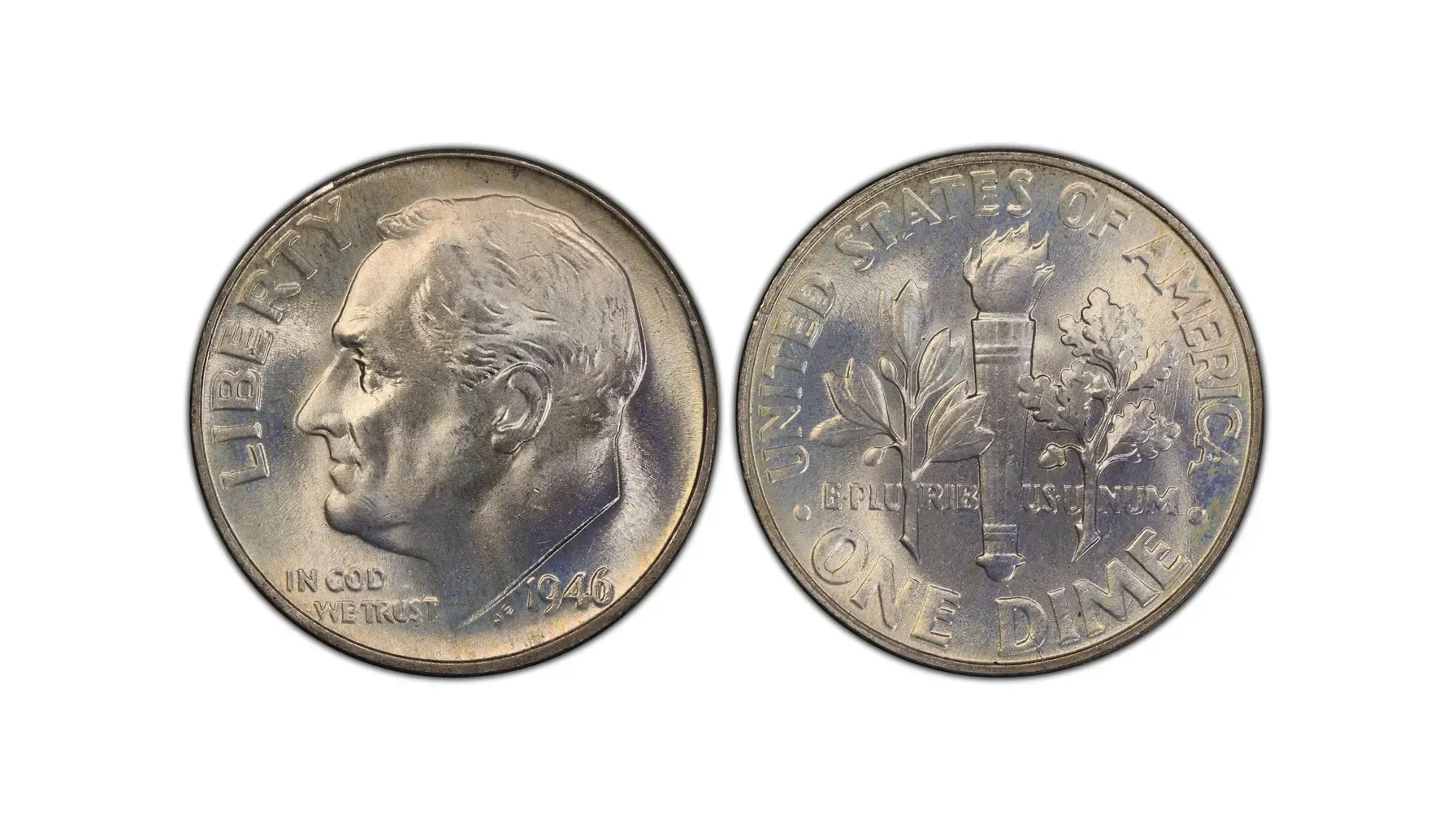 A picture of a 1946 Roosevelt dime with a Doubled Die error, highlighting the doubling on the obverse side.