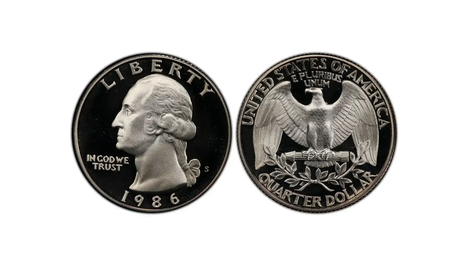 obverse and reverse of a 1986 S Proof quarter DCAM