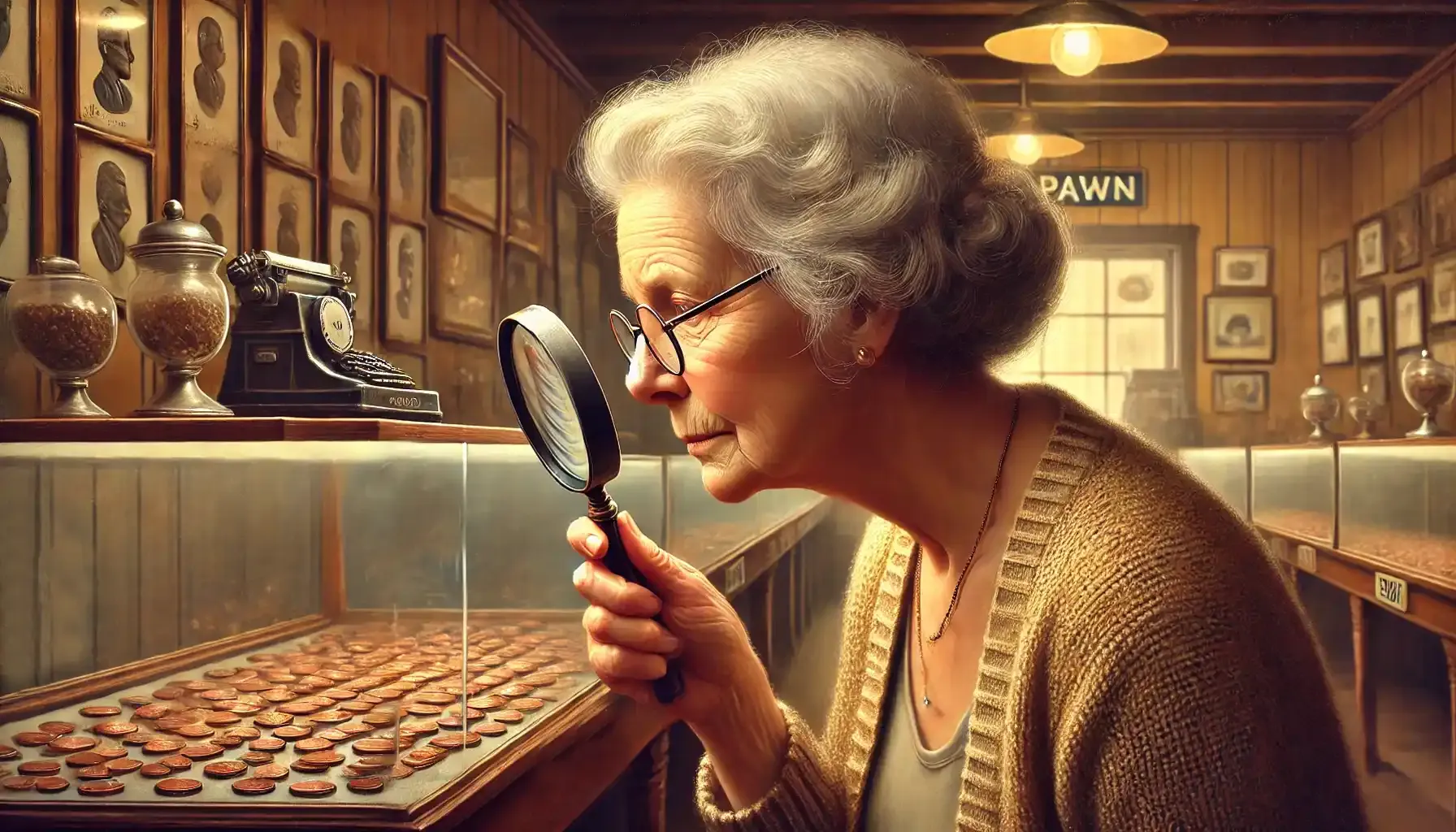 an elderly female numismatist looking at a 1956 D penny through a loupe in a pawn shop