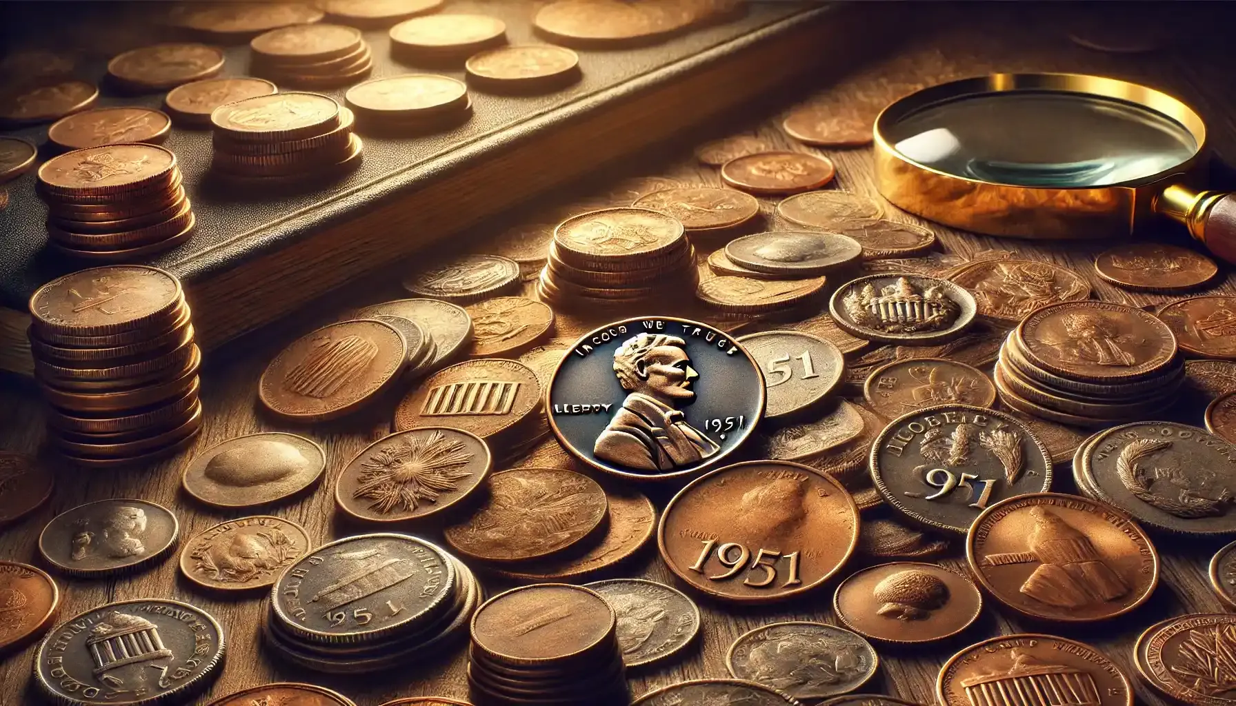 many different coins including 1951 pennies lying on a table