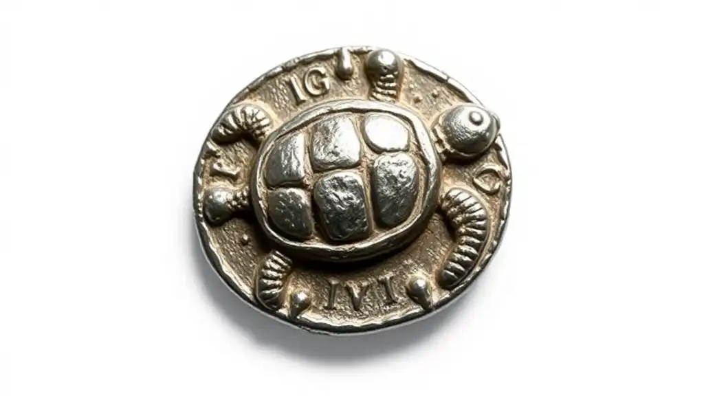 a picture of the Aegina’s Silver Turtle coin, one of the world's oldest coins.