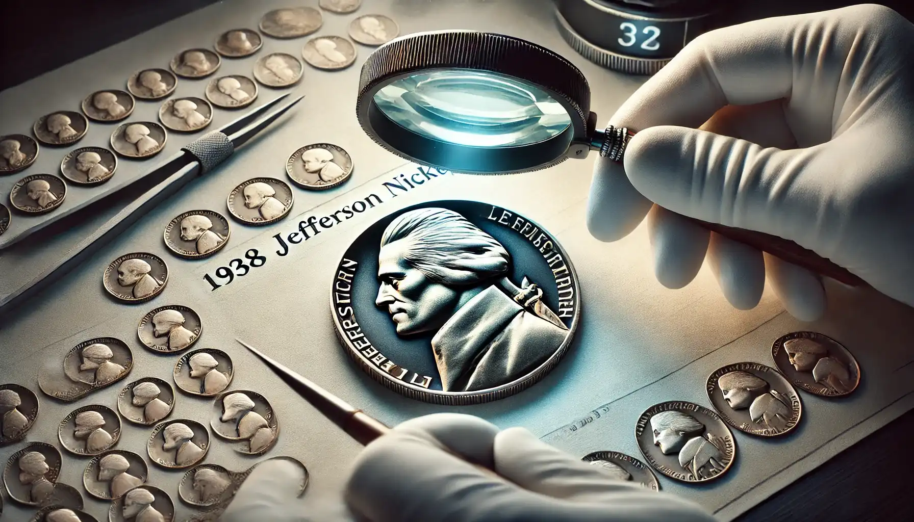 Grading process for a 1938 Jefferson nickel using magnifying tools