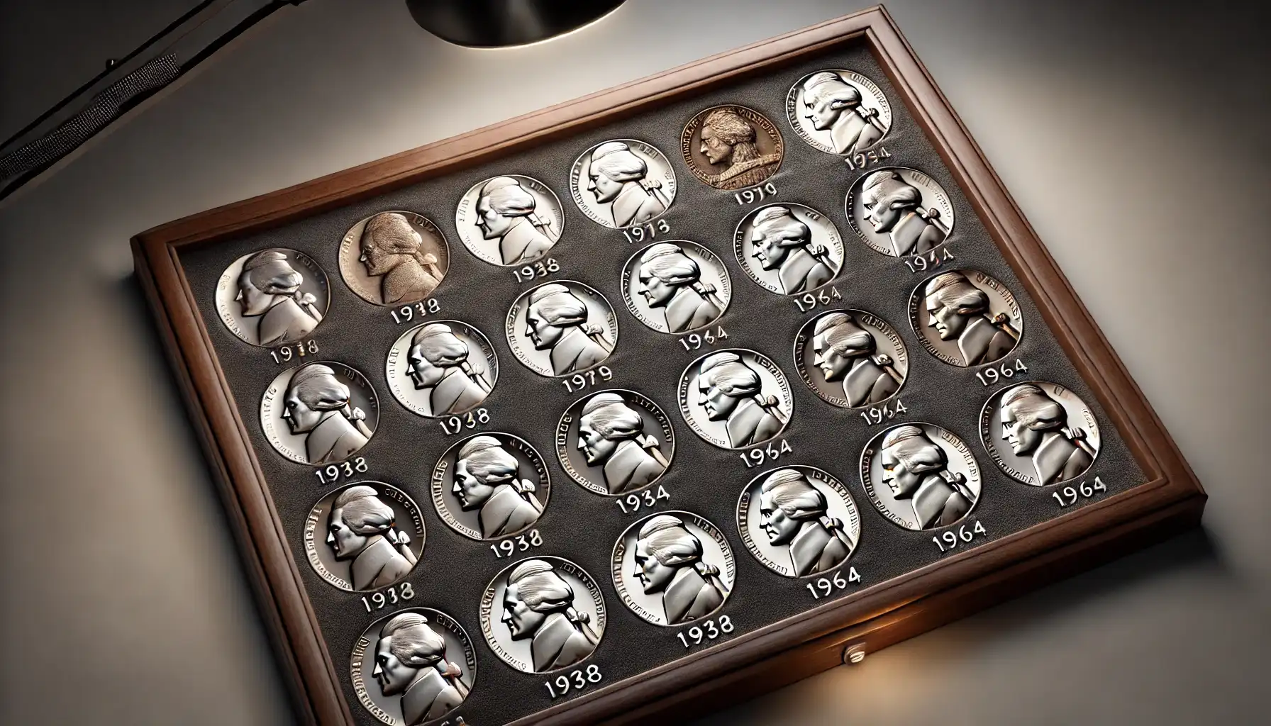 Collection of Jefferson nickels from 1938 to 1964 laid out in a display case