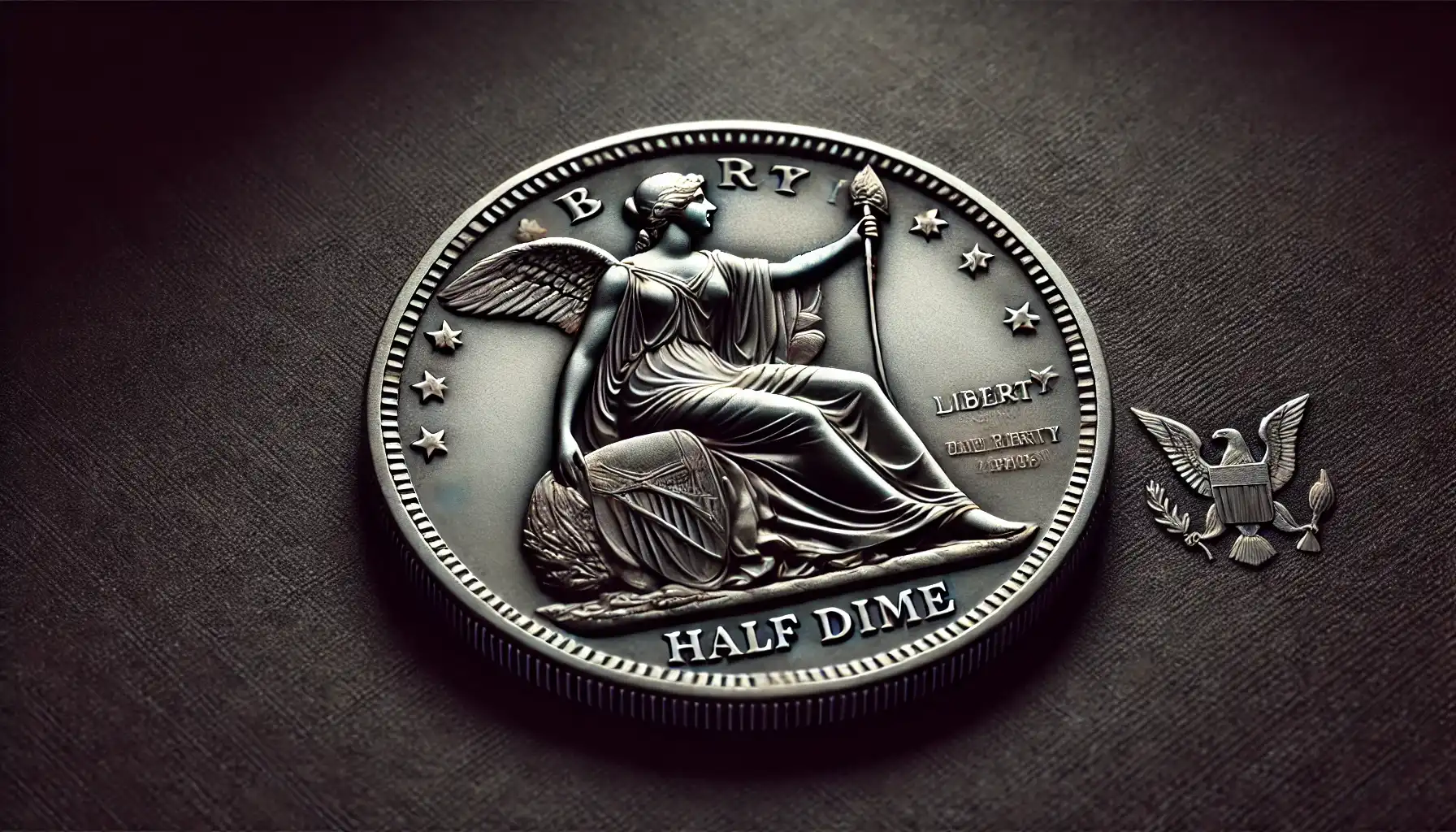 A photo of a Seated Liberty half dime, depicting Lady Liberty seated on a rock with a shield and holding a liberty pole, and the reverse featuring a heraldic eagle.