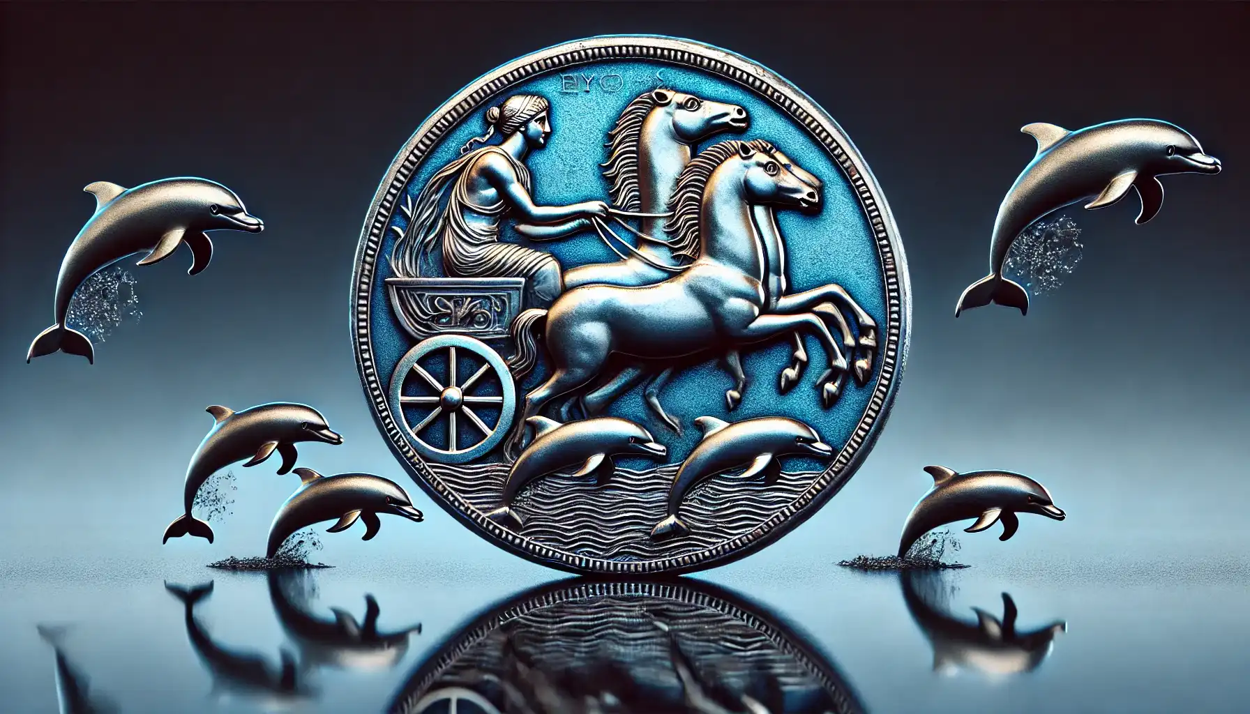 A picture of a Syracusian tetradrachm featuring a quadriga (chariot drawn by four horses) on one side and the head of the nymph Arethusa surrounded by dolphins on the other.