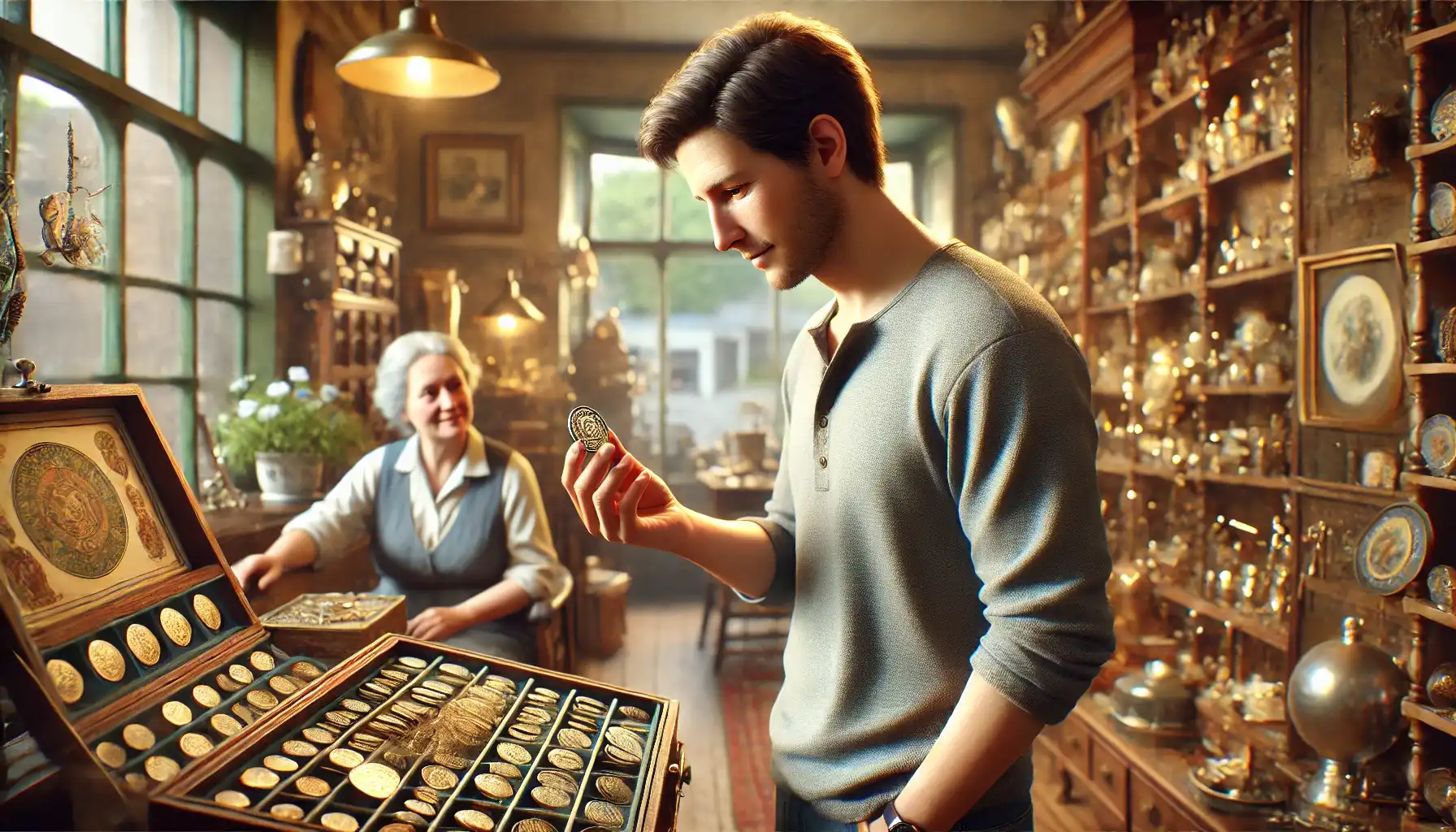 A picture of a person browsing through items in a vintage store, holding a coin in their hand while interacting with a shopkeeper or examining other merchandise.