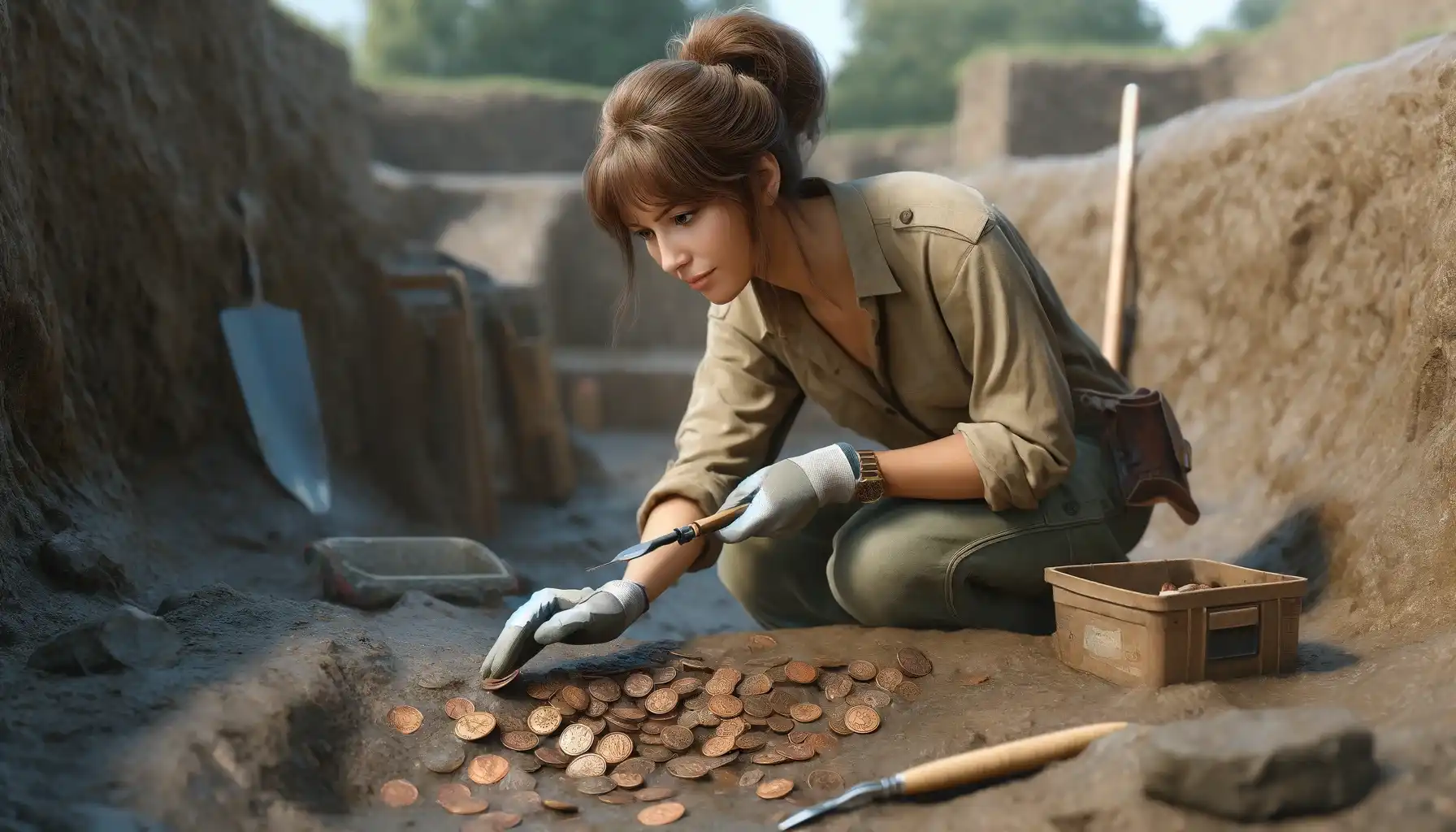 An archaeologist carefully unearthing Roman coins from an excavation site.