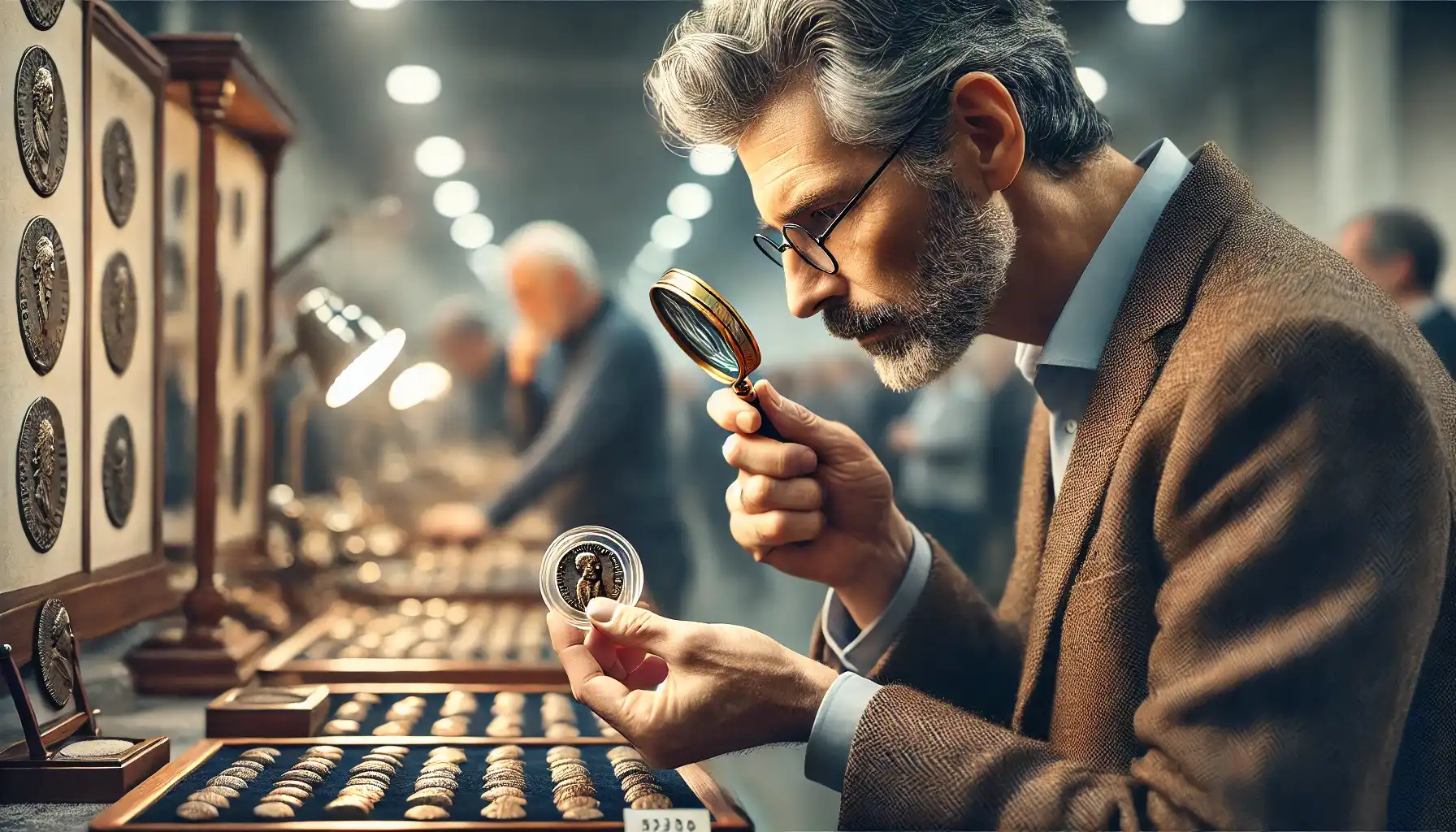 A collector examining a rare Roman coin using a magnifying glass at a coin show.