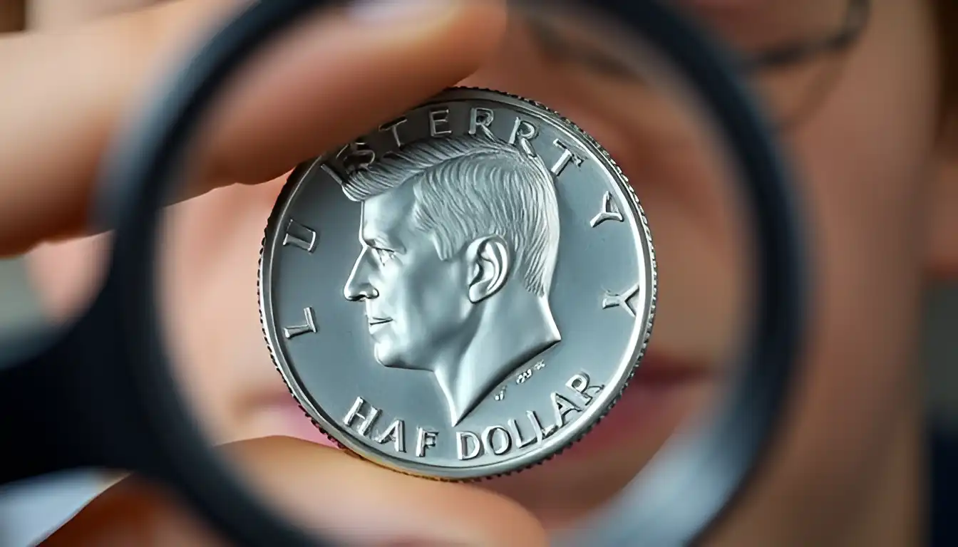 A photo of a person closely examining a Kennedy half dollar coin with a magnifier, focusing on the fine details of the coin's design.