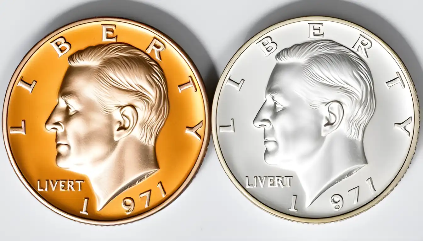 Two 1971 Eisenhower dollar coins side by side—one in copper-nickel clad composition and the other in silver.