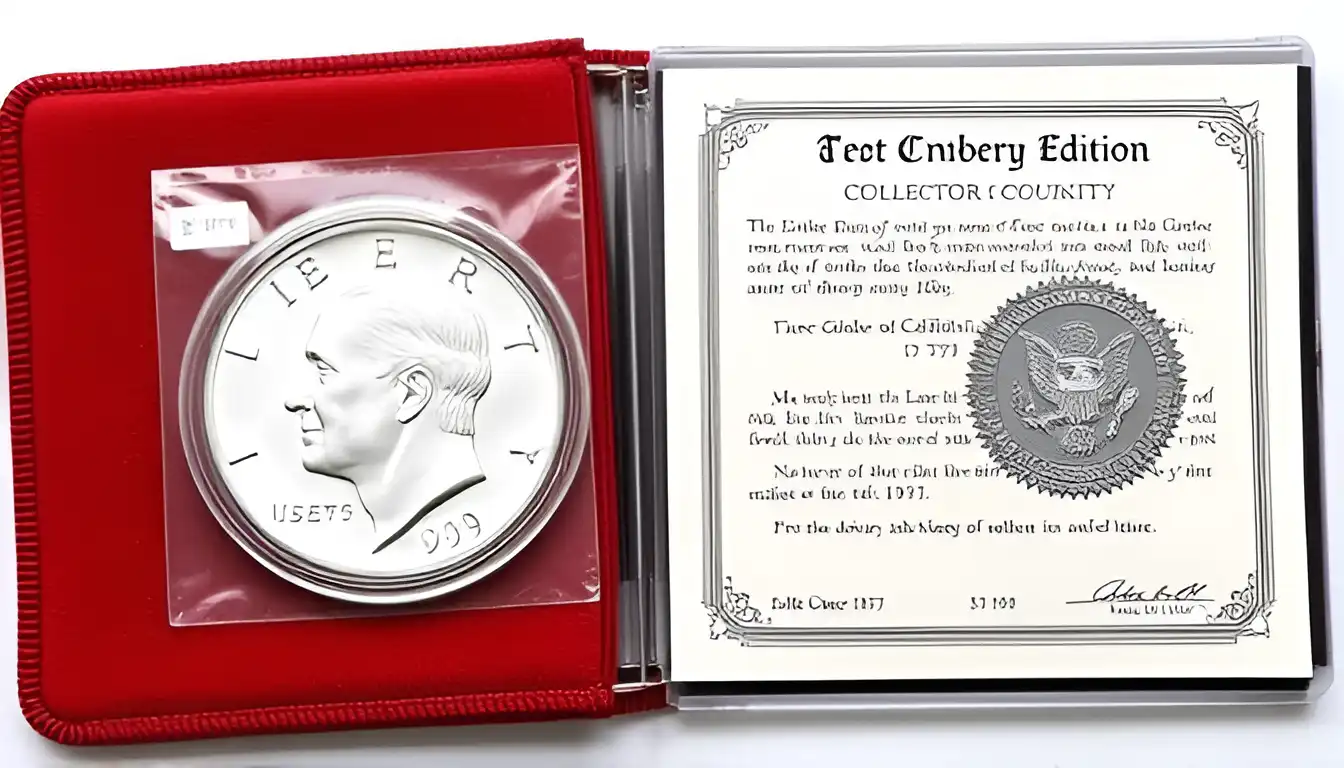 A collector's edition of the 1971 Eisenhower Silver Dollar with its original certificate of authenticity packaged in a protective case.