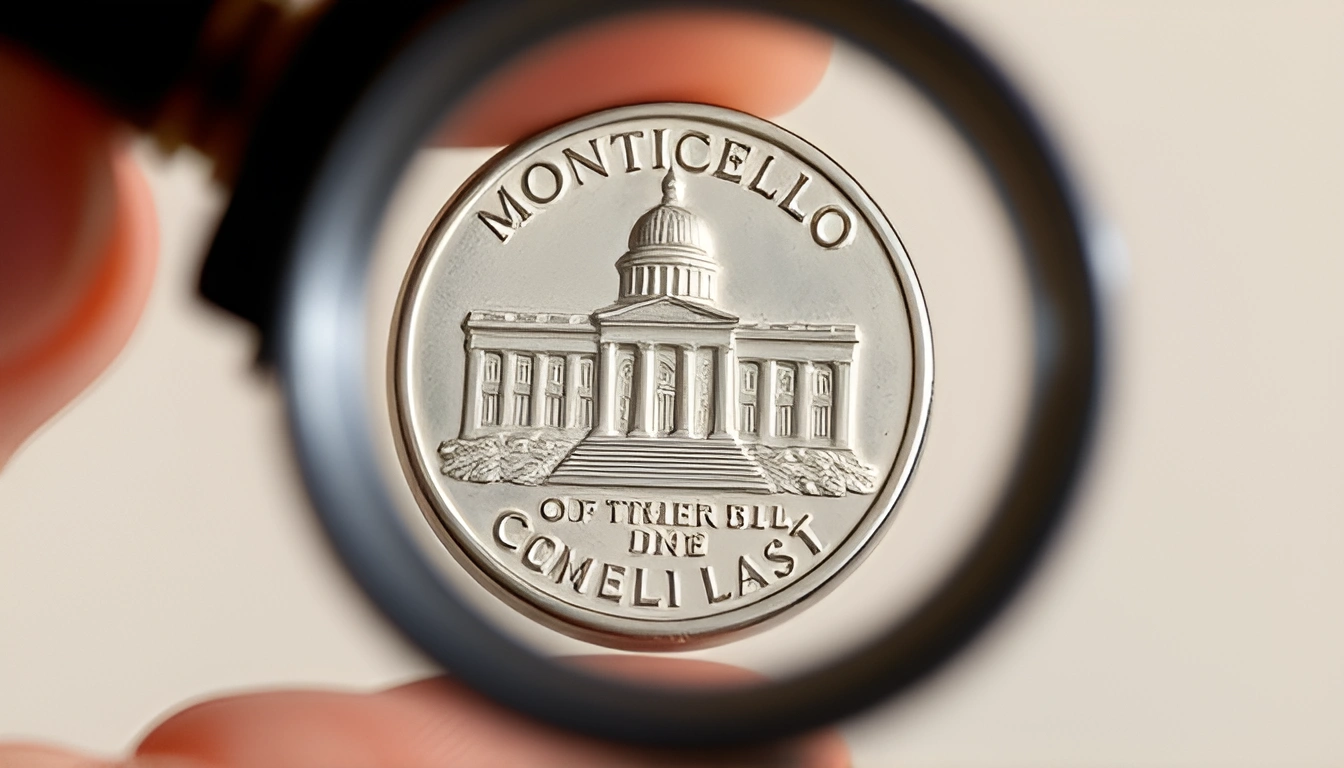 a picture of the Monticello design on the nickel coin that is studied through a magnifying glass by someone.