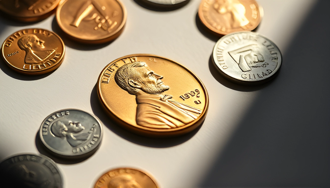 a portrait of Lincoln is on the penny that lies on a table near other coins but is the only one under the light while others are in a shadow