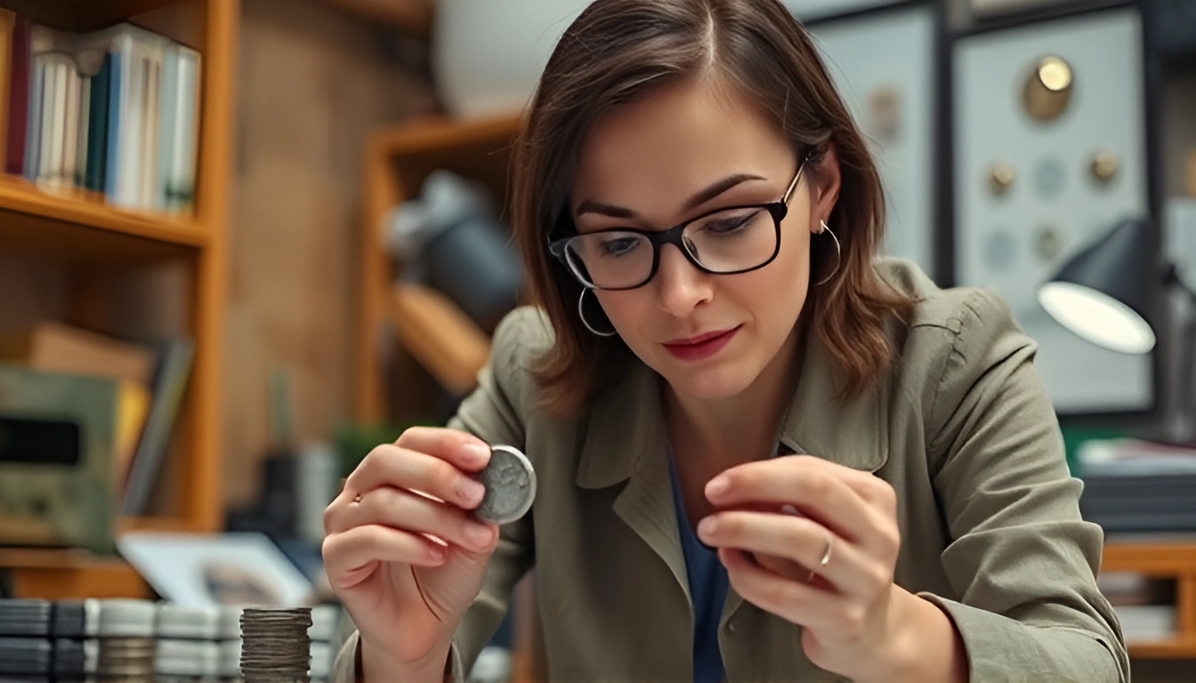 a female numismatist looking at a nickel coin in her office trying to understand what is nickel coin made of