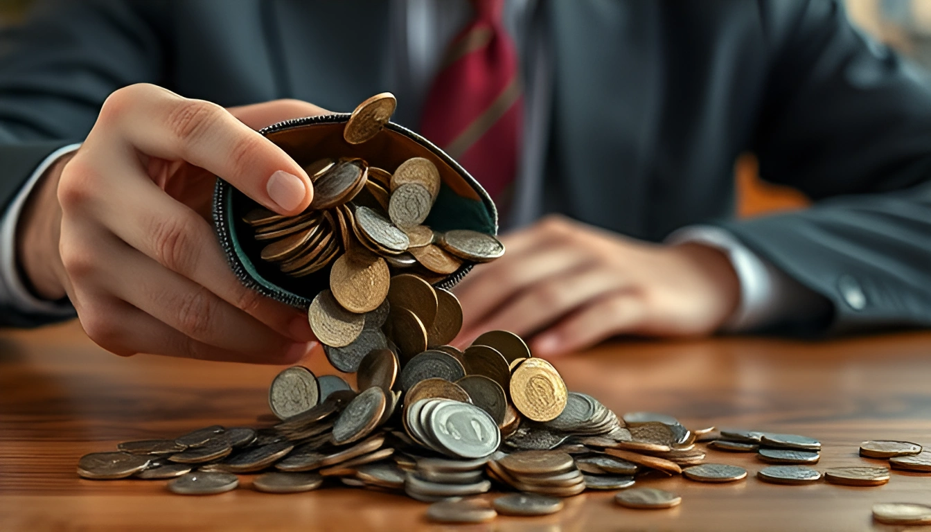 Lots of coins pour out of the man's wallet right onto the table