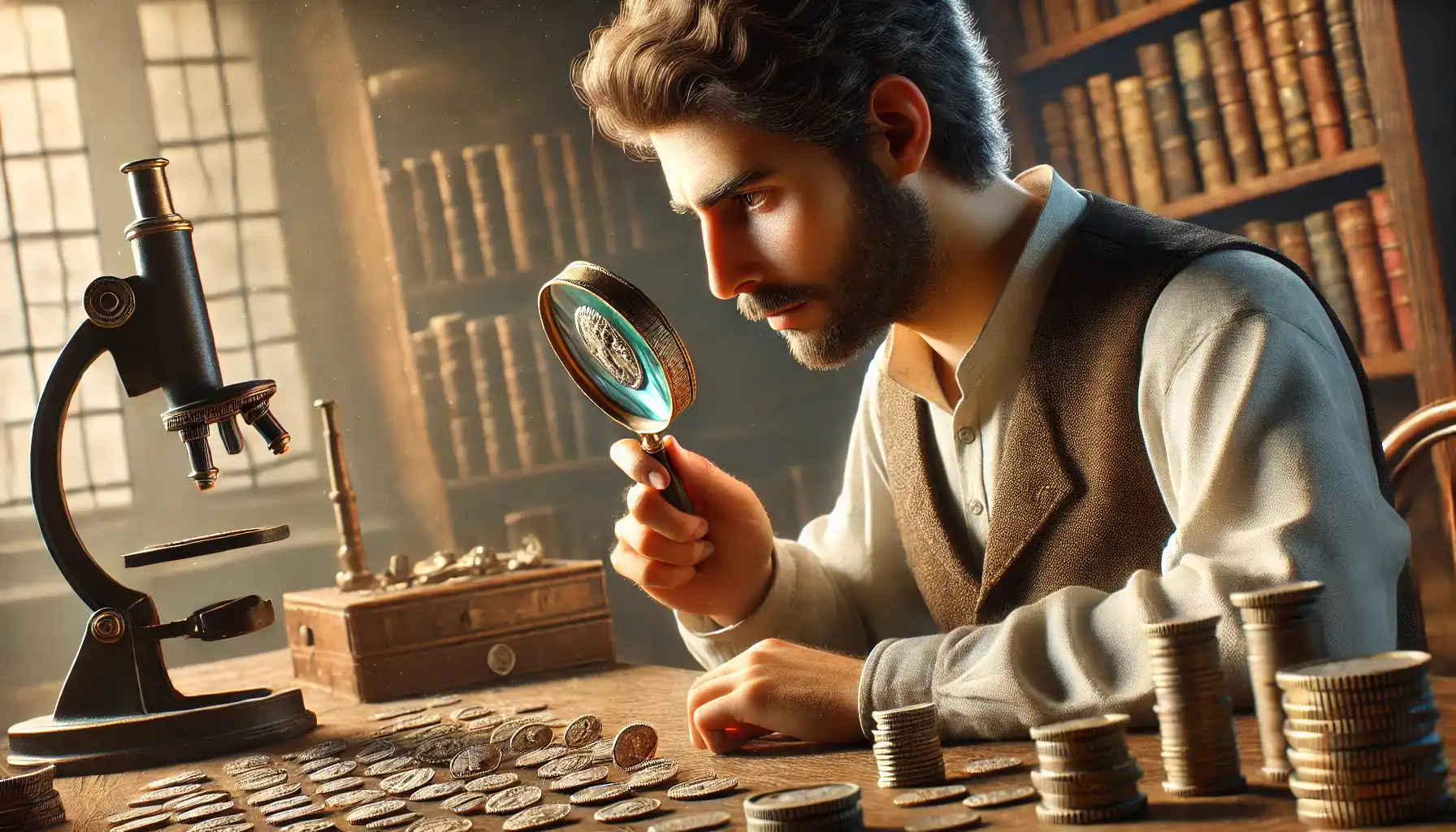 a male numismatist looking at ancient coins through a magnifying glass