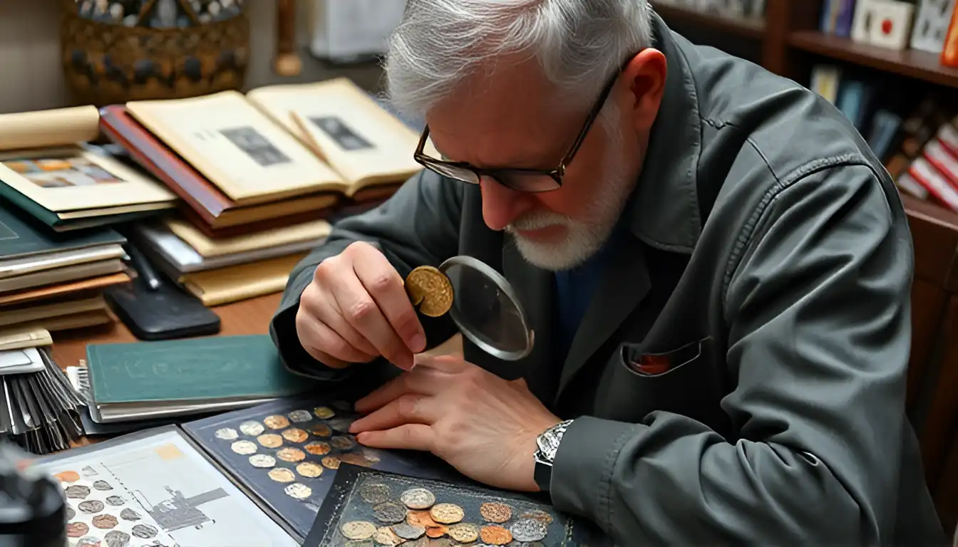 A photo of a coin collector closely examining a coin with a magnifying glass, sitting at a table surrounded by coin albums, tools, and other collectibles, focused on discovering details.