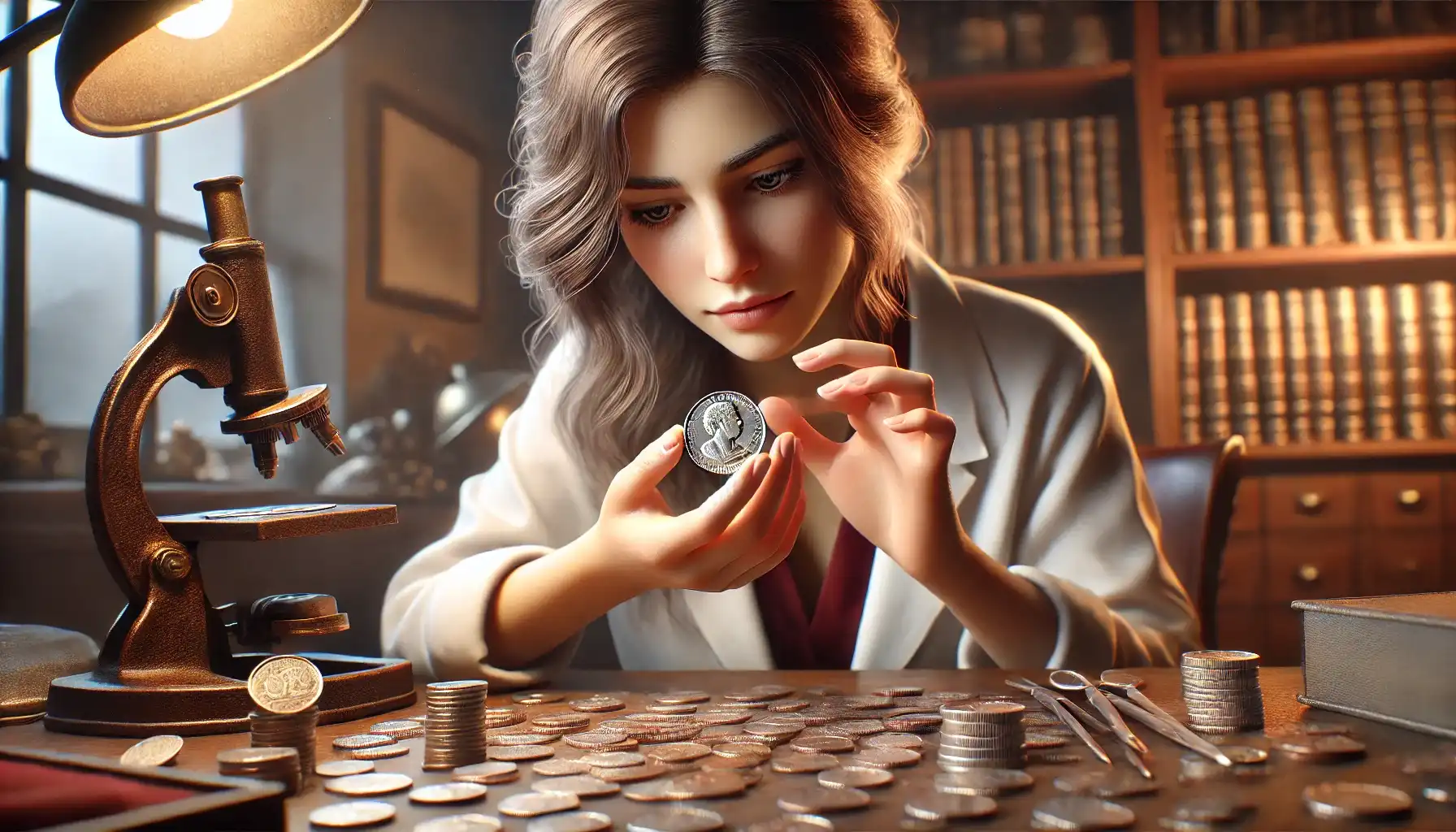 a female numismatist looking at a coin in her hands