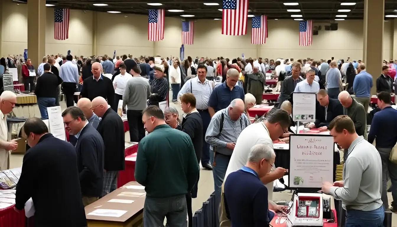 The busy atmosphere of a coin show in New Jersey, with collectors and experts interacting at various booths.