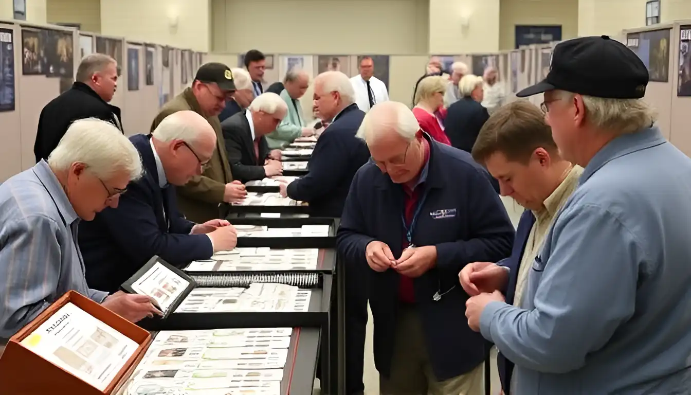 Collectors discussing and trading coins at a New Jersey coin show, surrounded by stands filled with valuable currency.