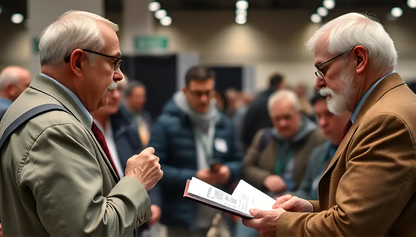 A very experienced numismatist and expert gives educational lectures to coin show new jersey visitors who listen to him very attentively.