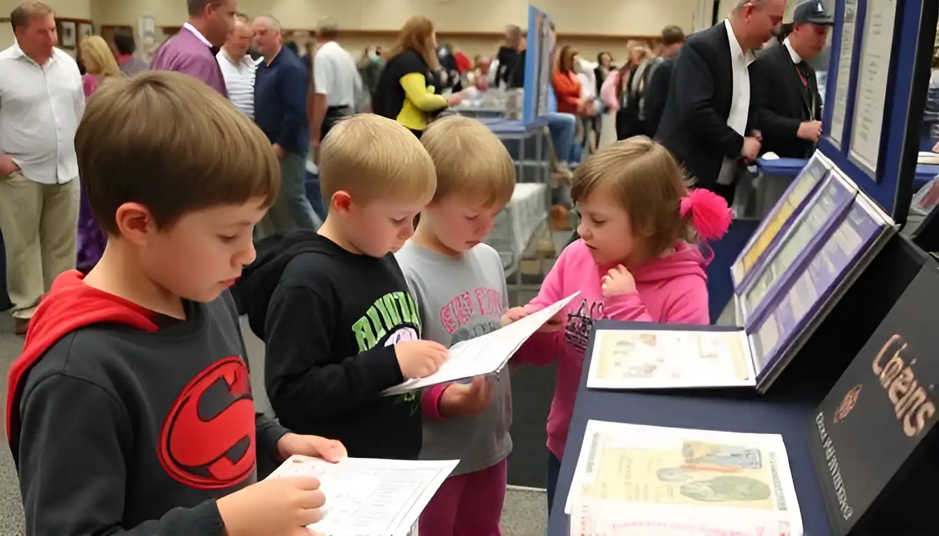 Children excitedly follow maps at a New Jersey coin show, searching for “lost” coins hidden among the stands in a fun treasure searching.