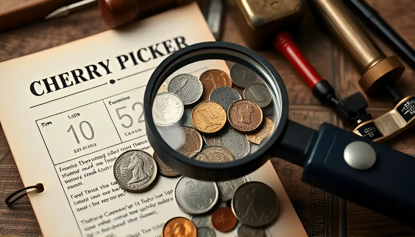 Picture showing cherry picker guide and tools like magnifying glass being used by a novice collector to spot rare coin varieties and estimate the vakue of coins.