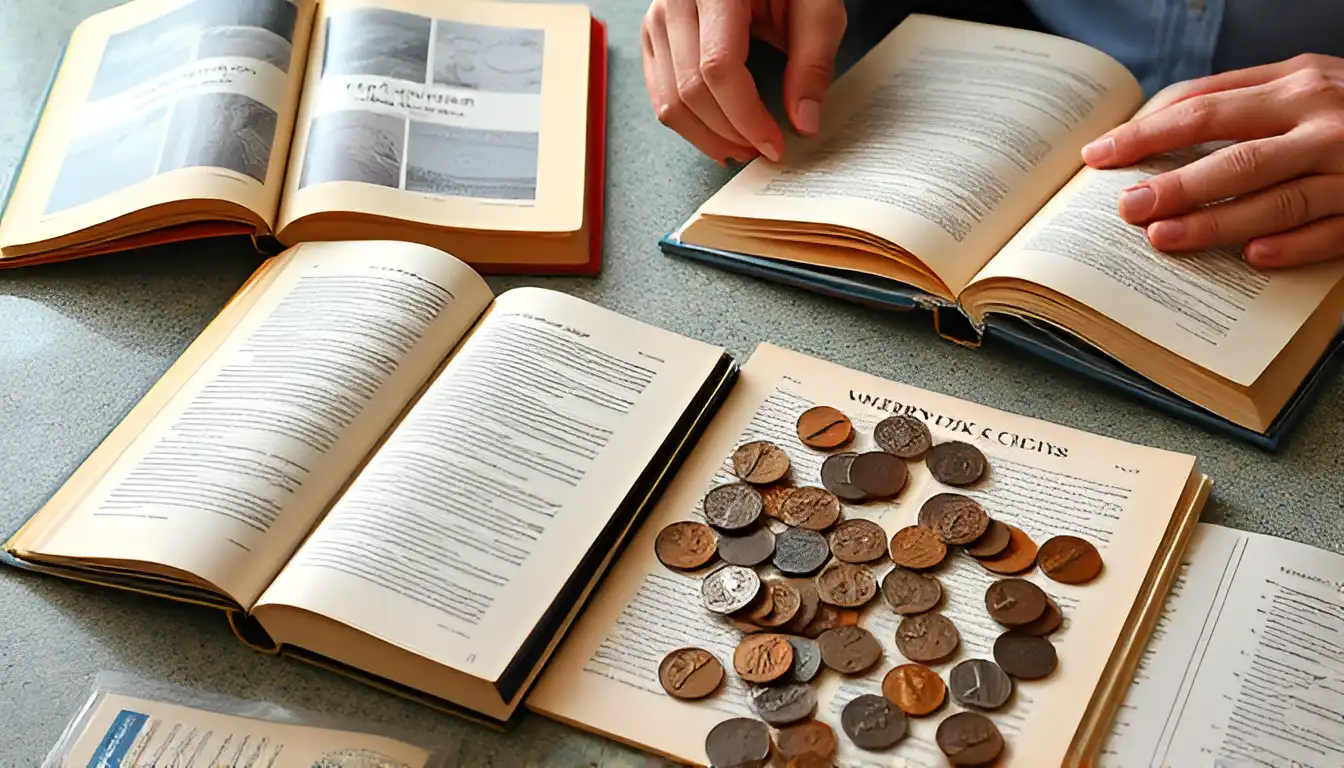 Cherry pickers guide coins and other books are opened on a table with a collector referencing them to verify minting penny errors.