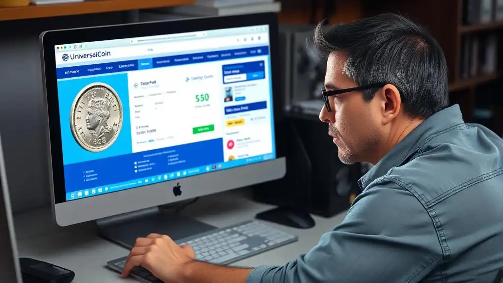 An inexperienced frustrated collector sits in front of a PC monitor checking delivery times after buying a rare coin at universalcoin com.