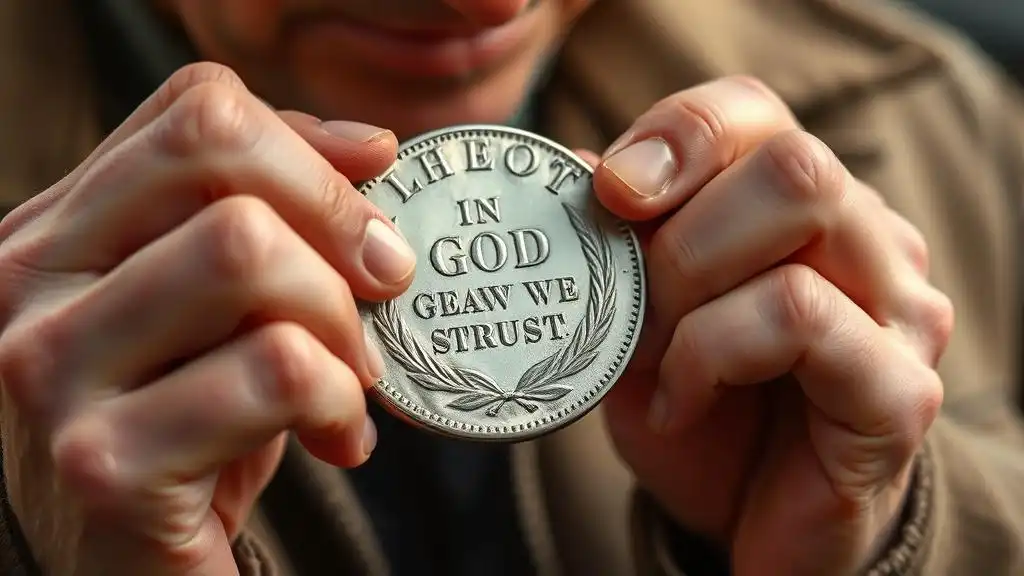 A coin collector admires the first coin to have in god we trust wording, a prized piece in any numismatic collection.