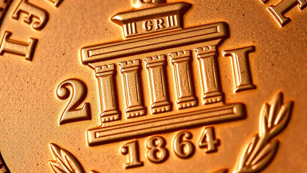 A detailed close-up of the 1864 two-cent piece, first coin with in god we trust motto, symbolizing the beginning of religious mottos on U.S. coins.