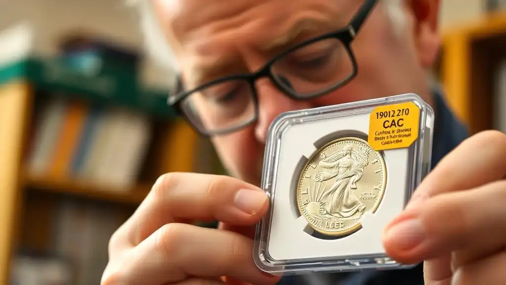 A collector examining a certified coin with a CAC gold sticker, reflecting the value of graded coin for coin lovers.